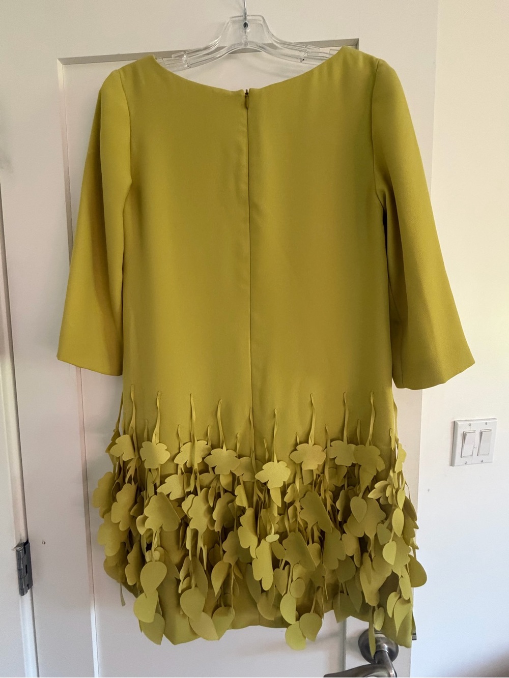 Mini Dress with 3/4 Sleeves and Leaf Appliqué Hem in Chartreuse - Picture 3 of 4
